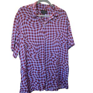 No Boundaries Men’s 2XL Red Blue Plaid Wavy Print Button Up Short Sleeve Shirt